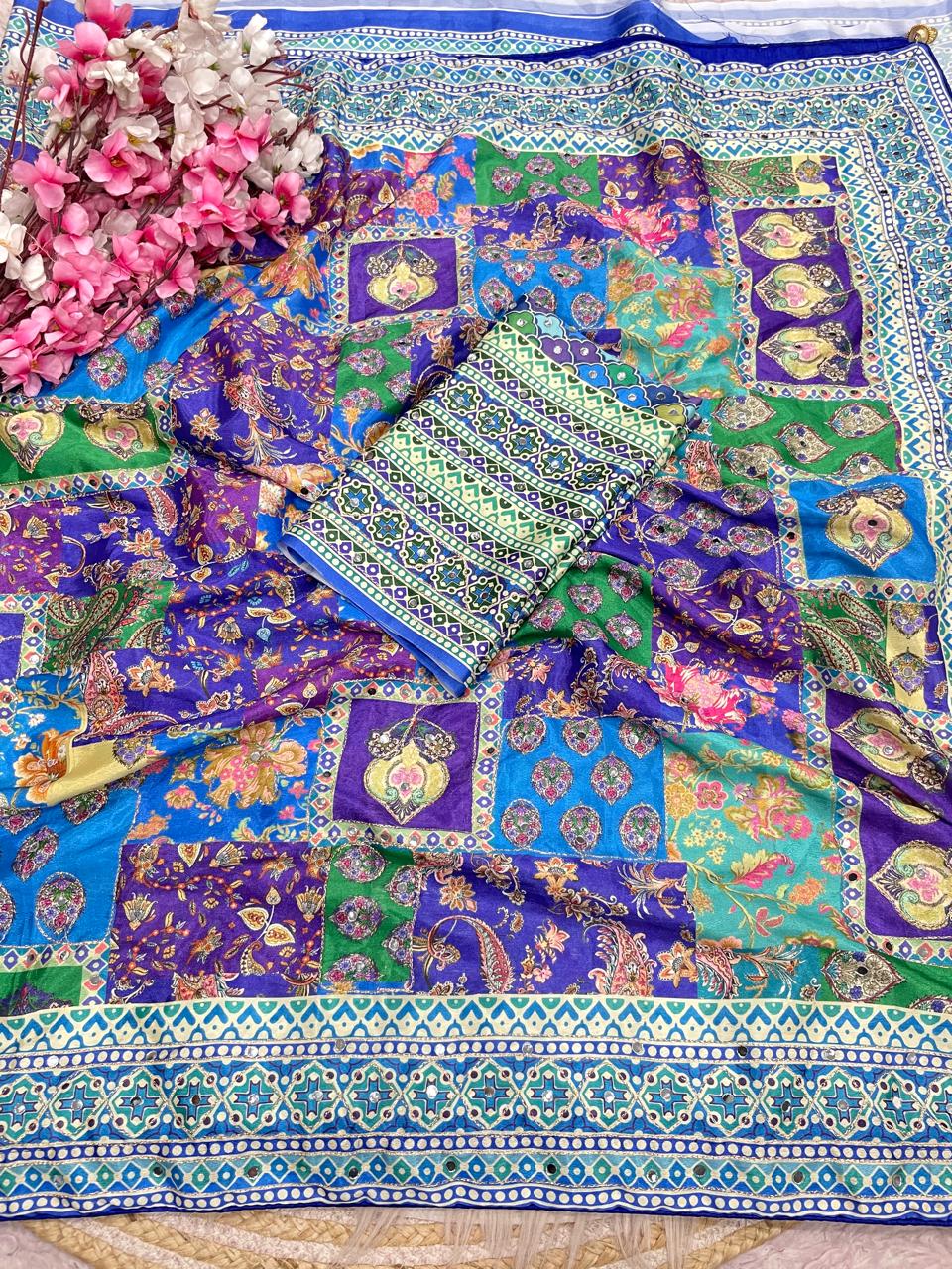 Digital Print Saree with Intricate Aari Work and Original Mirror Work